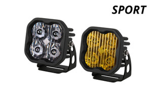 A pair of Diode Dynamics SS3 Sport LED Pod lights, one in yellow, one in white for display purposes. A pair of Diode Dynamics SS3 Sport LED Pod lights, one in yellow, one in white for display purposes.