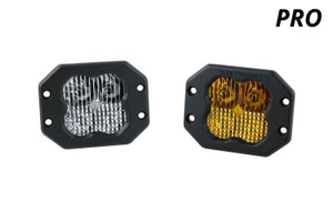 A set of flush mount Diode Dynamics SS3 Pro LED pods, one in white and one in yellow, over a plain white backdrop. A set of flush mount Diode Dynamics SS3 Pro LED pods, one in white and one in yellow, over a plain white backdrop.