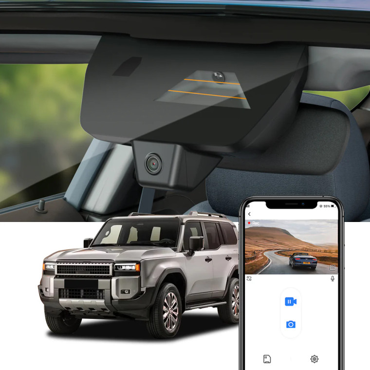 A Split View of a Land Cruiser exterior and a close-up interior shot of the FitCamX OEM-look integrated dash cam installed in the same vehicle.