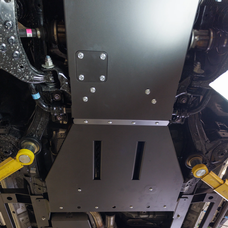 Underside view of the C4 fabrication rear skid plate for the 24+ Toyota Land Cruiser.