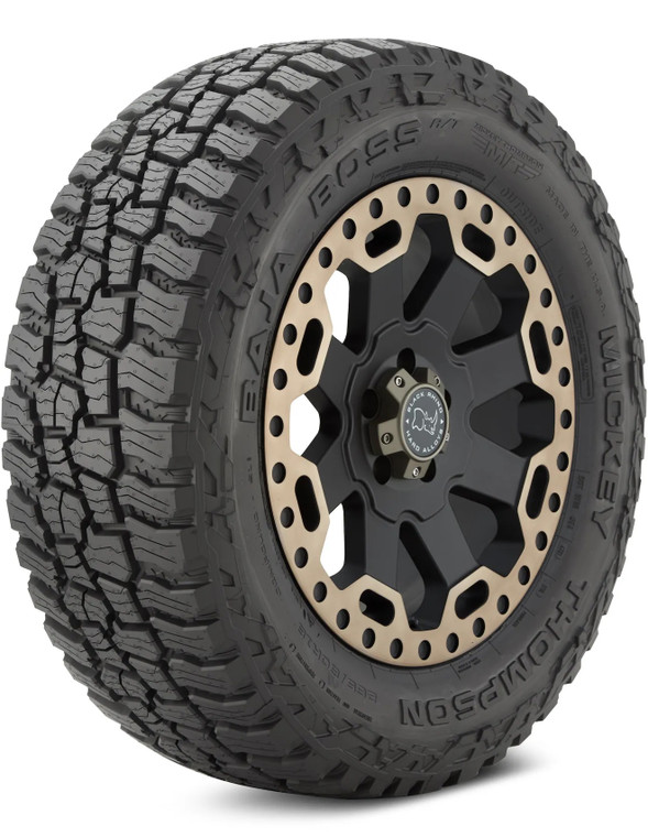 Mickey Thompson's Baja Boss A/T tire in an LT metric on a Black Rhino Wheel.