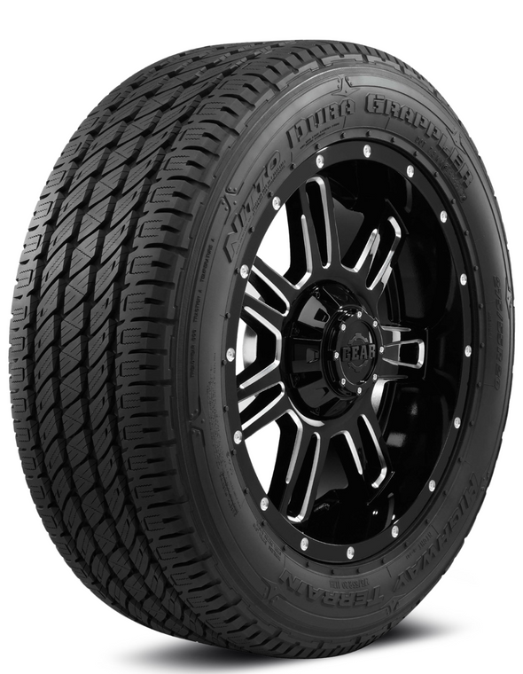 A Nitto Dura Grappler G3 highway tire on a black rim over a white background.