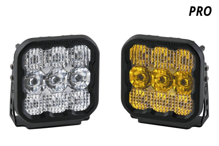 A pair of Diode Dynamics SS5 LED pods, one in white, and one in yellow, for use on the Toyota Land Cruiser as auxiliary / fog lights. A pair of Diode Dynamics SS5 LED pods, one in white, and one in yellow, for use on the Toyota Land Cruiser as auxiliary / fog lights.