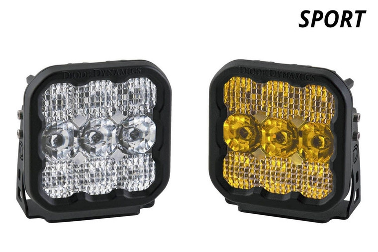 A pair of SS5 Sport LED pods from Diode Dynamics, one in white (6000k) and one in yellow (3000k). A pair of SS5 Sport LED pods from Diode Dynamics, one in white (6000k) and one in yellow (3000k).