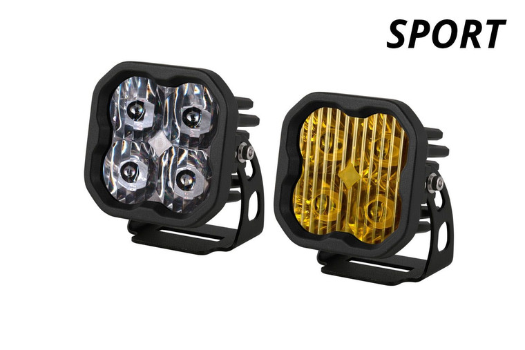 A pair of Diode Dynamics SS3 Sport LED Pod lights, one in yellow, one in white for display purposes. A pair of Diode Dynamics SS3 Sport LED Pod lights, one in yellow, one in white for display purposes.
