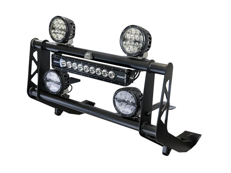 aFe Power Terra Guard bull bar with integrated Rigid LED lights mounted on steel frame
