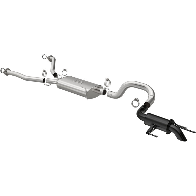 The Magnaflow Overland Series Cat-back exhaust for the Lexus GX550, in stainless steel with a black tip.
