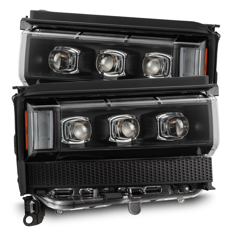 A black AlphaRex NOVA-series set of headlights for a Toyota LC250