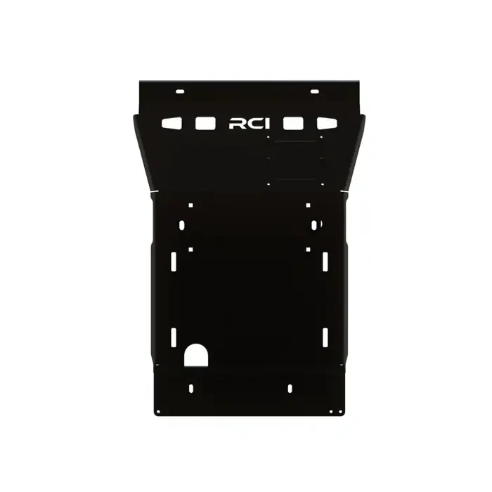 A black powder coated steel RCI skid plate for the engine area of a 2024+ Toyota Land Cruiser.