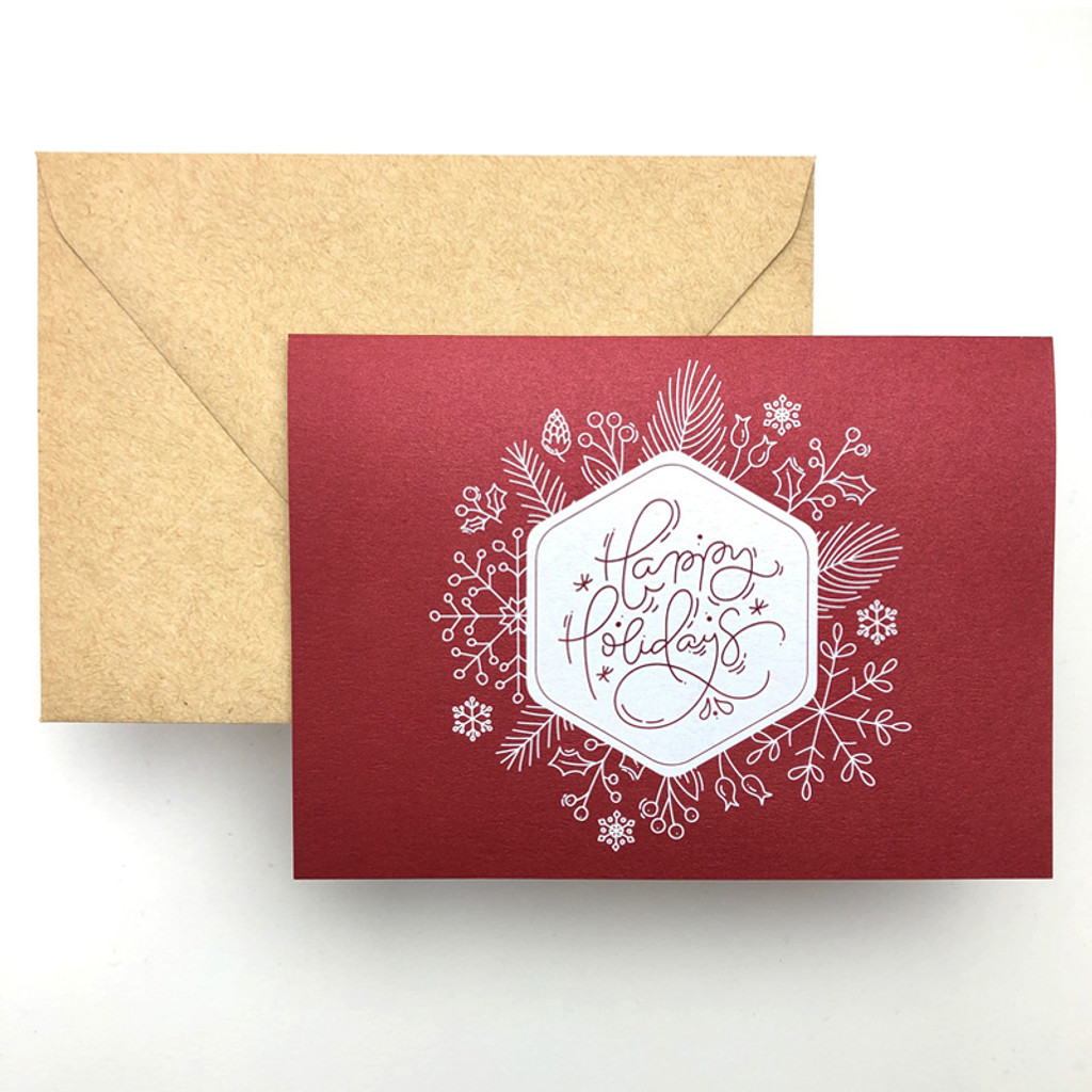 Happy Holidays (Red Lacquer) - Folded Holiday Cards and Envelopes Set (12 Pack)