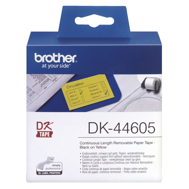 Brother Continuous Length Removeable Paper Tape 62mm - Black on Yellow
