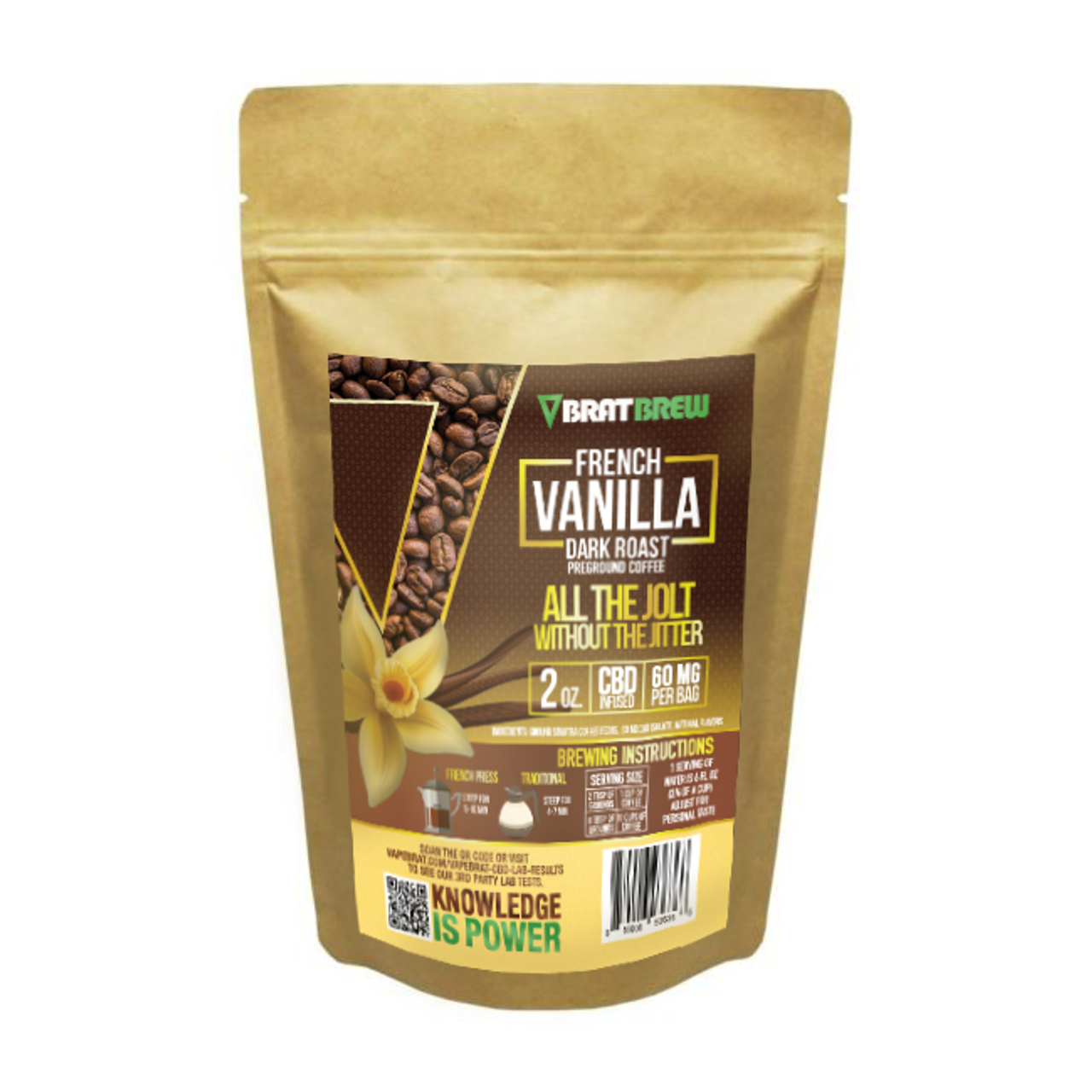 BratBrew 60MG CBD Infused Coffee-French Vanilla Dark Roast (2oz Bag)