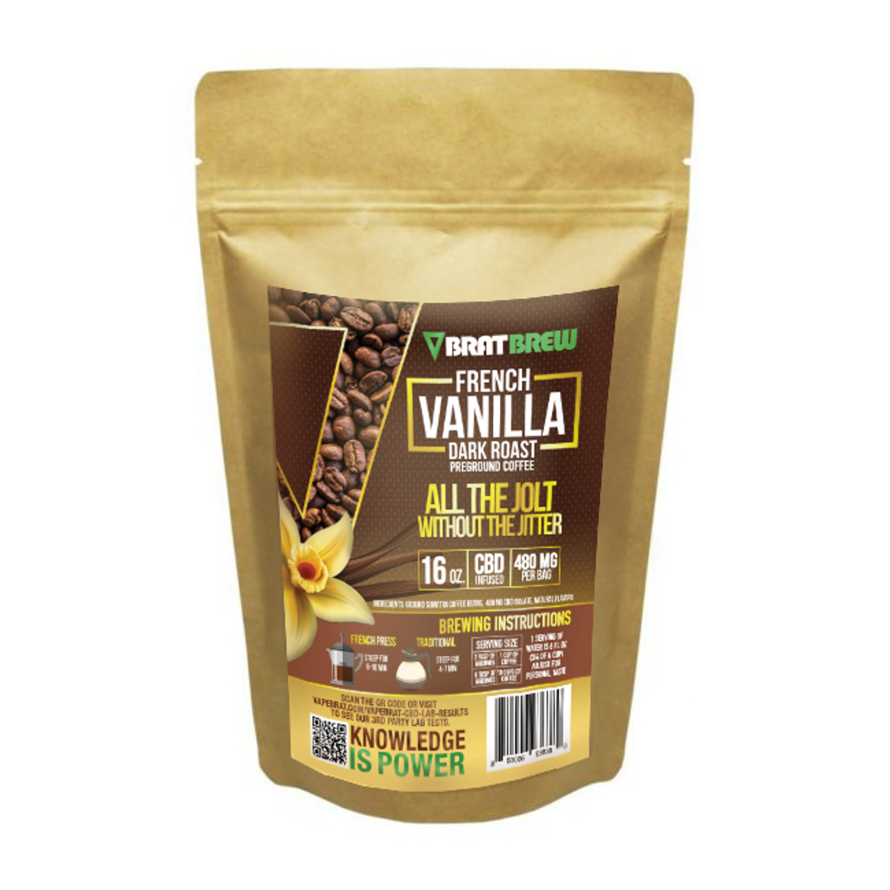 BratBrew 480MG CBD Infused Coffee-French Vanilla Dark Roast (16oz Bag)