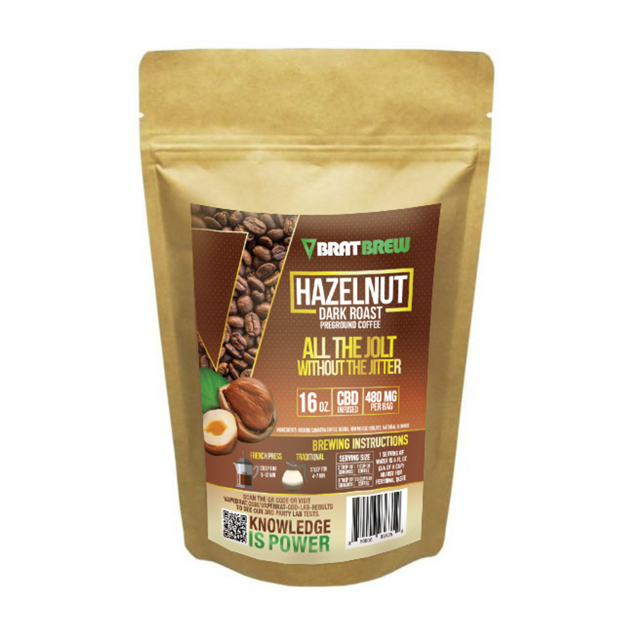 BratBrew 480MG CBD Infused Coffee-Hazelnut Dark Roast (16oz Bags-5 Pack)