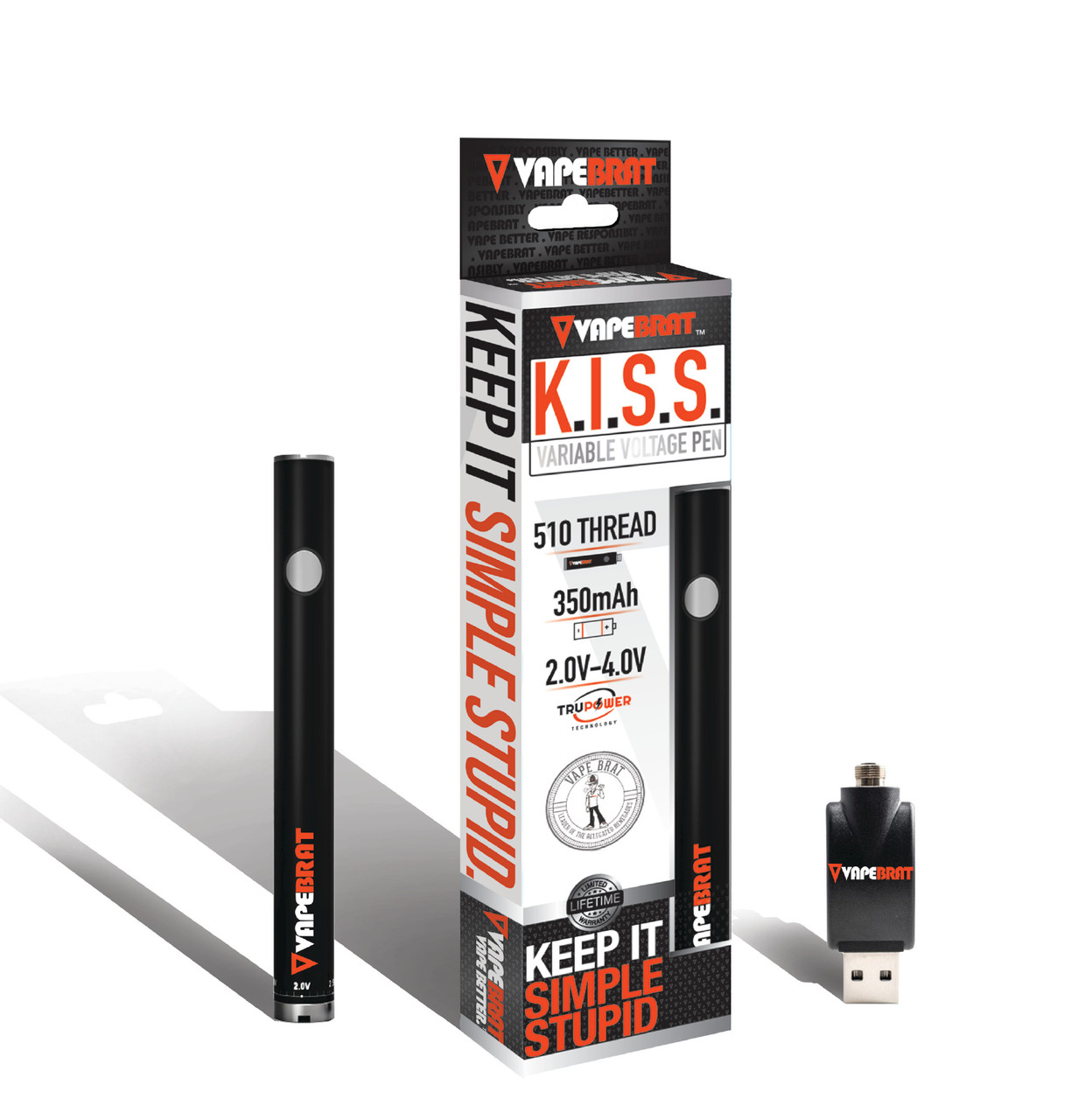 VapeBrat K.I.S.S. Variable Voltage 510 Thread Vape Pen : 21 Power Settings (100 Pack)