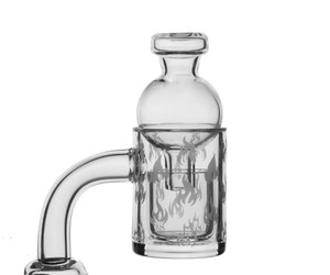 Flame Style 14mm Male 90 Degree Banger with Oil Bomb Insert & Bubble Cap (Cold Start Low Temp) Flame Style 14mm Male 90 Degree Banger with Oil Bomb Insert & Bubble Cap (Cold Start Low Temp)