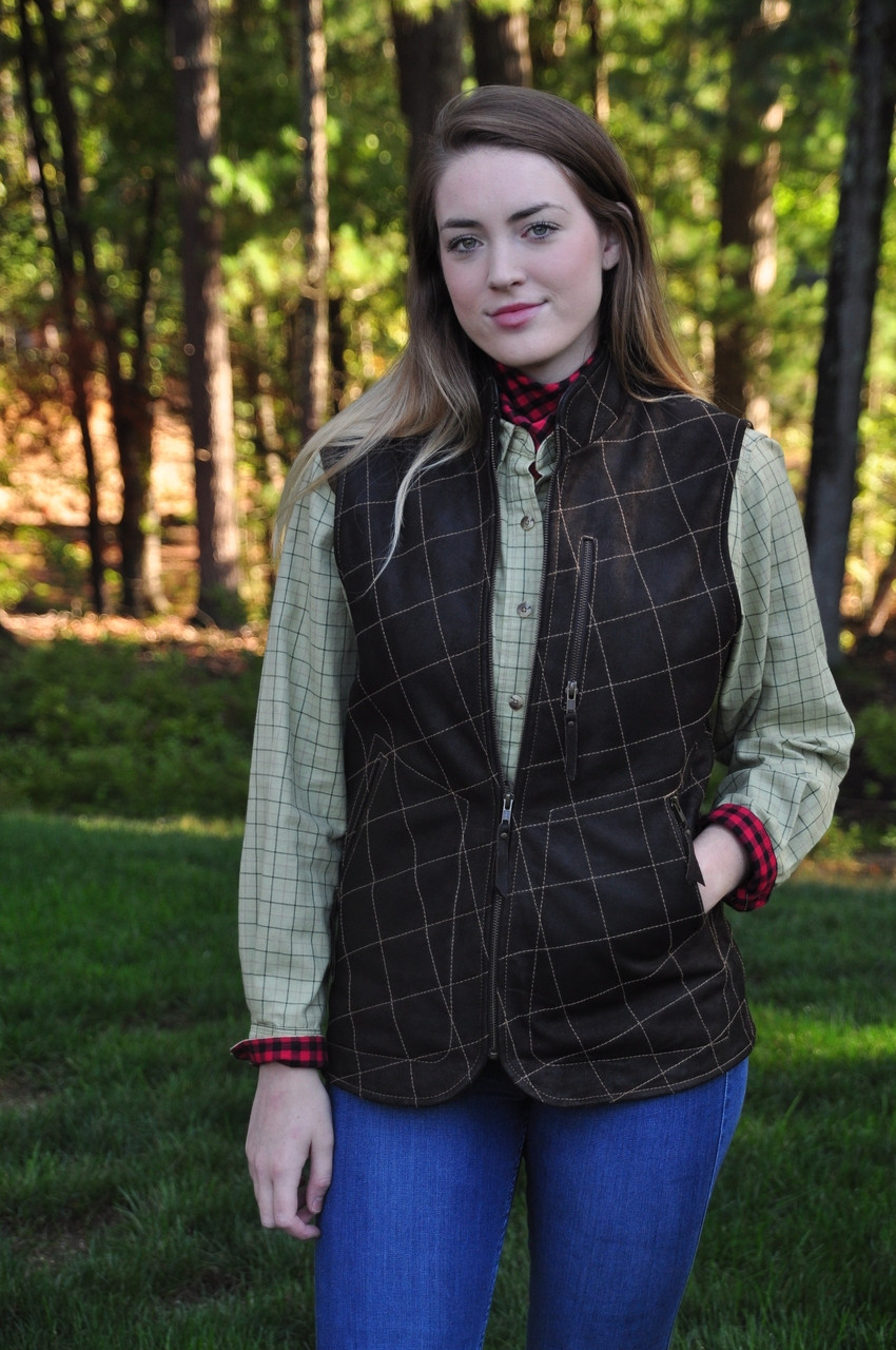 Woman’s S-XL
Our TROSSACH jacket and vests are crafted of waxed Buffalo newbuck in antique brown which highlights the buffalo’s patinas.  Stand up collar, diamond quilting, three zippered outer and two interior pockets.  Functional rear carry-all zippered pocket.  Perfection in the field or on the town.