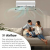 Family sitting on a couch with an air conditioner above them, demonstrating 3D airflow.