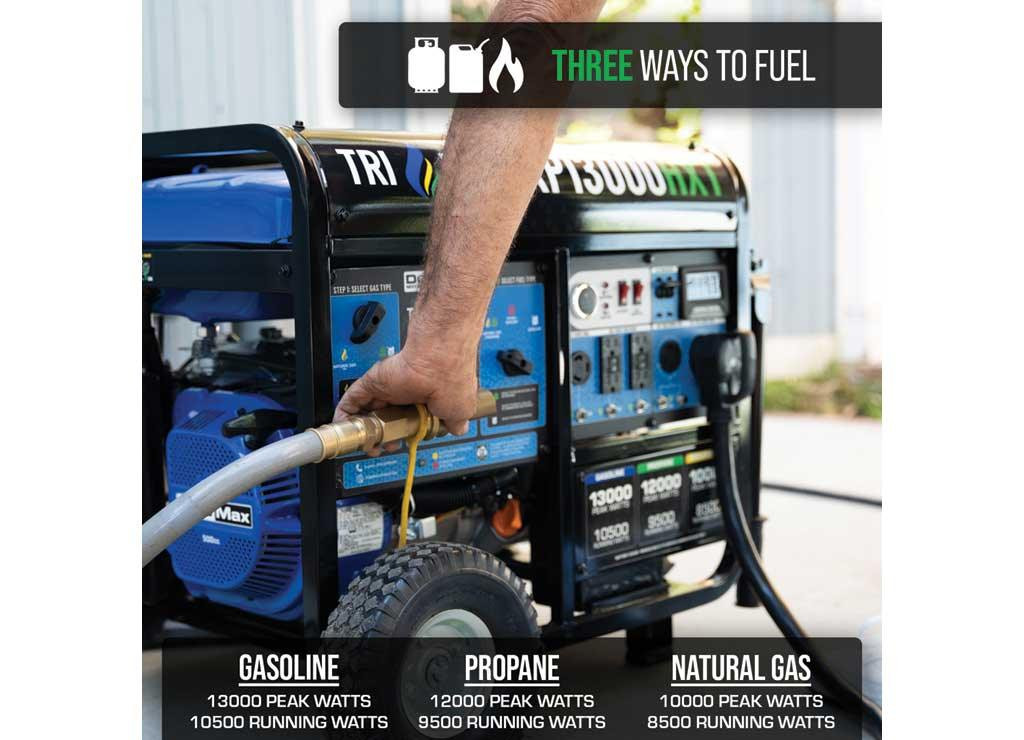 DuroMax Portable Tri-Fuel Generator with CO Alert, 13,000 Surge Watts, 10,500 Rated Watts, Electric Start, Model# XP13000HXT