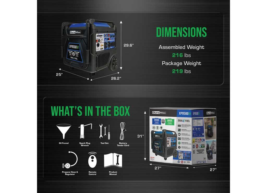 DuroMax, 9500 Dual Fuel Digital Inverter, Surge Watts 9500 Rated Watts 7600 Voltage 120/240 Model# XP9500iH