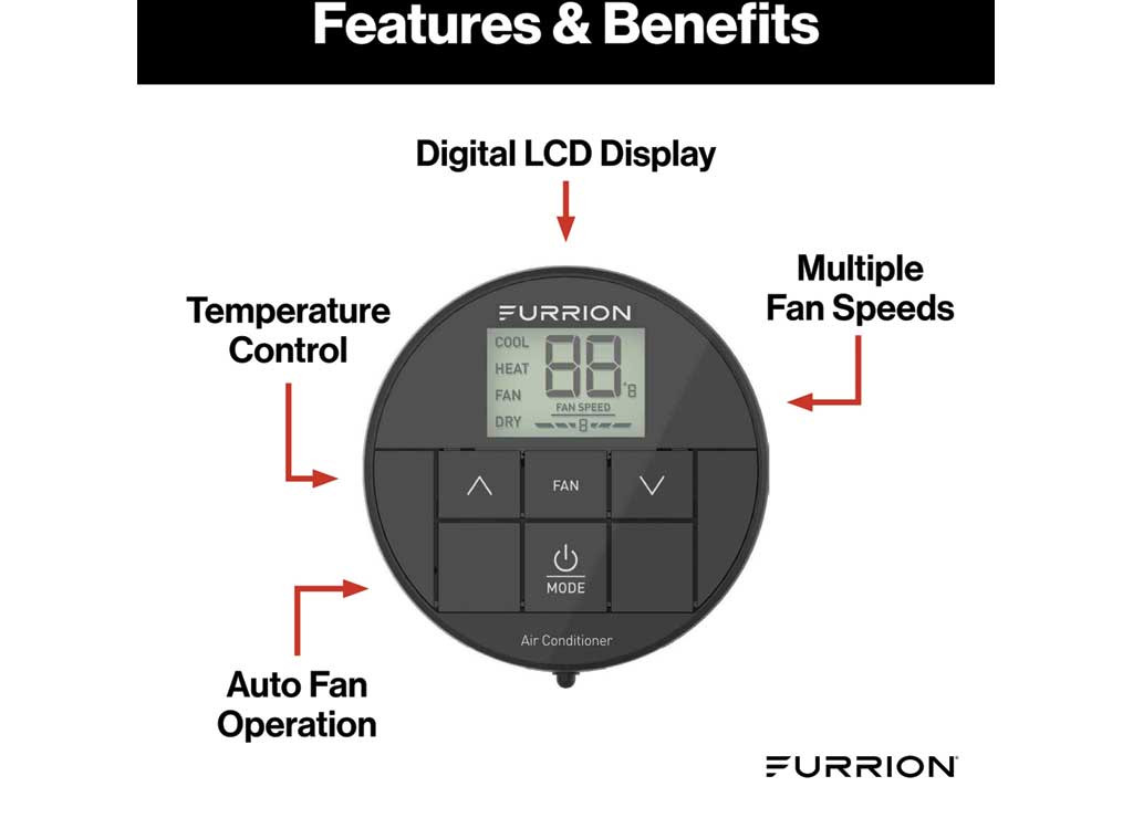 Furrion | Chill® Air Conditioner Enhanced Single-Zone Thermostat | 2021130946 | FACW10ESSA-BL| 2 Fan Speeds | Black | Backlit LED | FACW10ESSA-BL