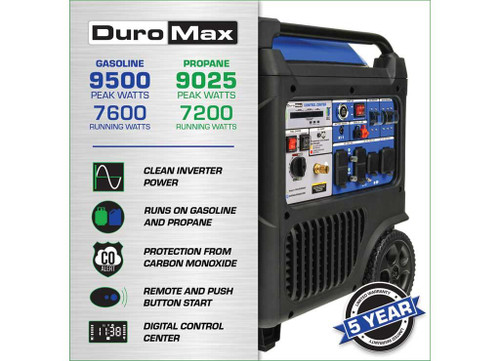 DuroMax, 9500 Dual Fuel Digital Inverter, Surge Watts 9500 Rated Watts 7600 Voltage 120/240 Model# XP9500iH