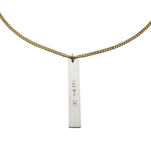The Ethereum Bar Necklace on gold curb chain with sterling silver bar - necklace close up view