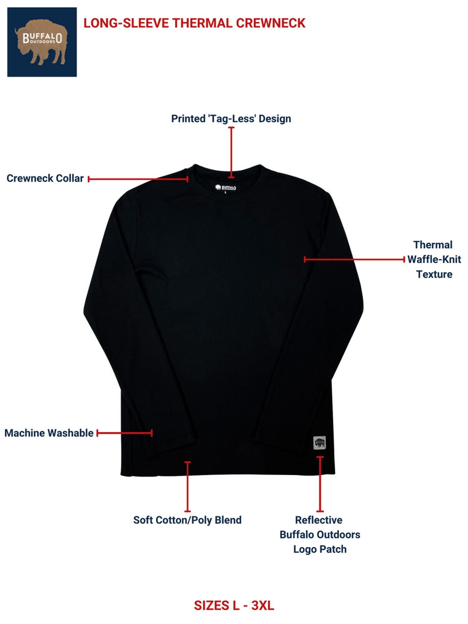 Buffalo Outdoors | Long Sleeve Thermal Crewneck - Black
