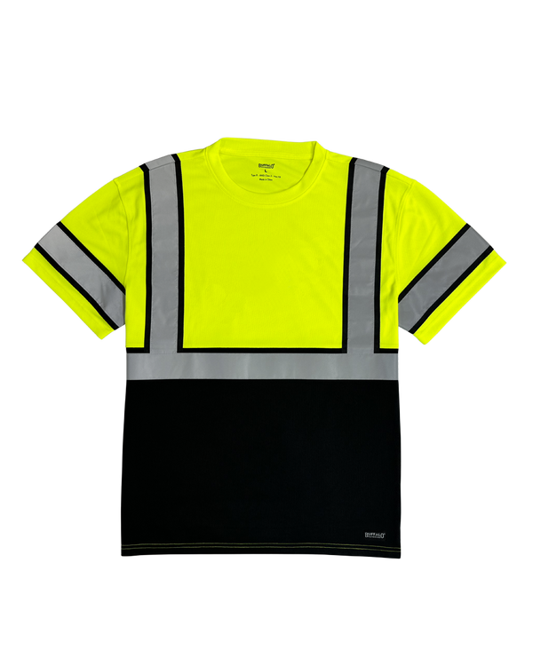 Buffalo Outdoors® Class 2 Reflective Hi Vis Safety Pullover Short Sleeve T-Shirt - Yellow with Black Midsection - Front