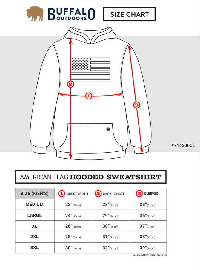 Buffalo Outdoors® American Flag Hooded Sweatshirt - 716300CL - Size Chart