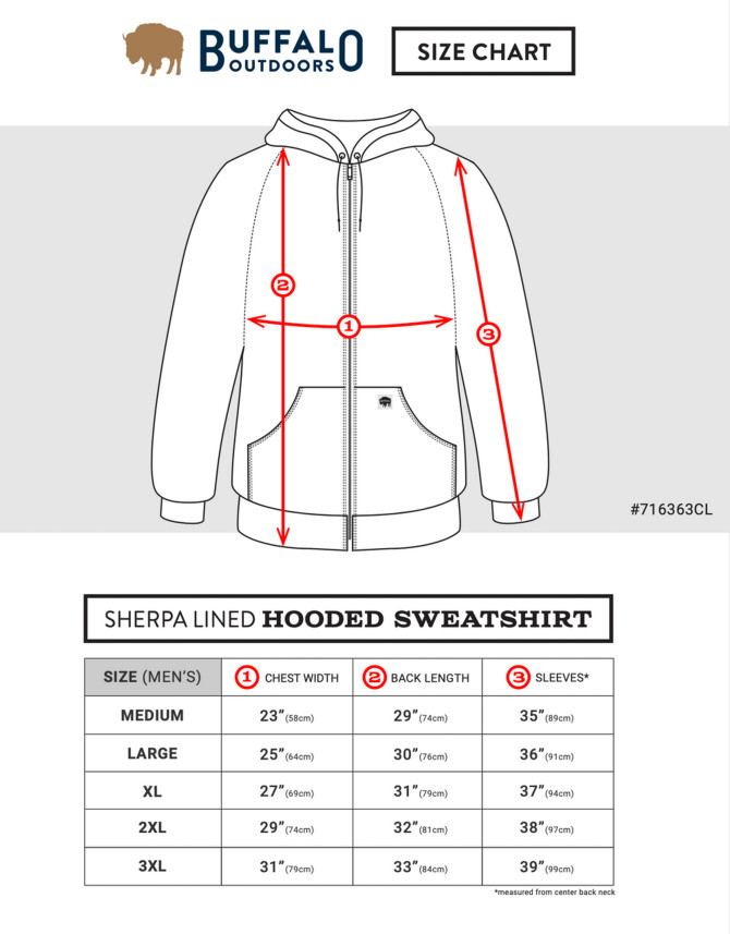 Buffalo Outdoors® Workwear Men's Sherpa Lined Hooded Sweatshirt - Sizing Chart