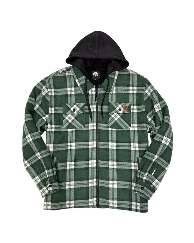 Sherpa Lined Hooded Fleece - Dark Green Plaid - Front