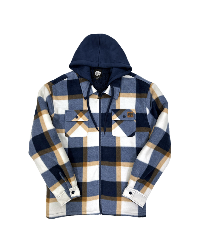 Sherpa Lined Hooded Fleece - Navy/Tan Plaid - Front