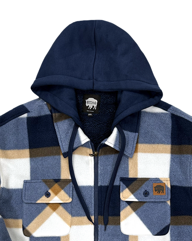 Sherpa Lined Hooded Fleece - Navy/Tan Plaid - Hood
