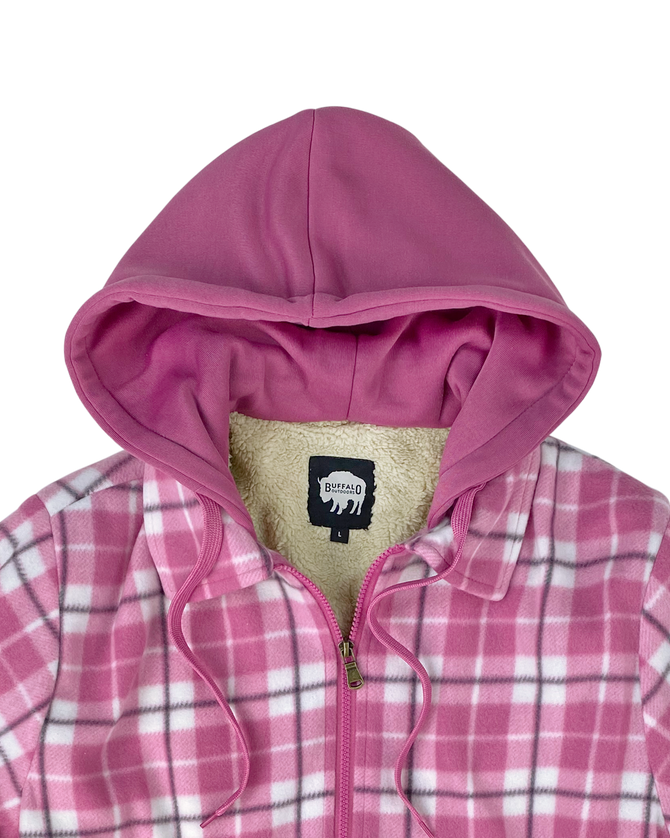 Women's Plaid Sherpa Lined Fleece - Pink Plaid - Hood