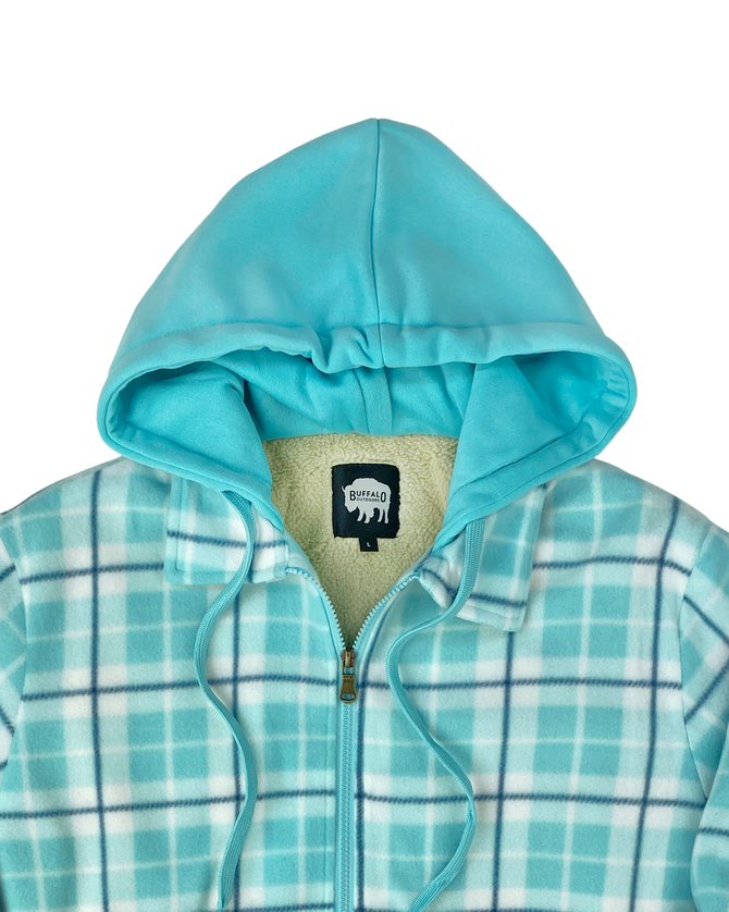 Women's Plaid Sherpa Lined Fleece - Teal Plaid - Hood