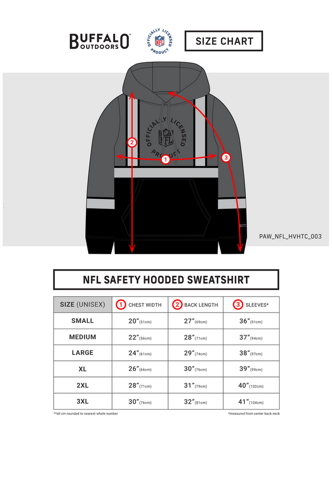 NFL Safety Hooded Sweatshirt - Sizing Chart