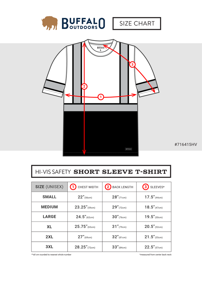 Buffalo Outdoors® Class 2 Reflective Hi Vis Safety Pullover Short Sleeve T-Shirt - Yellow with Black Midsection - Size Chart