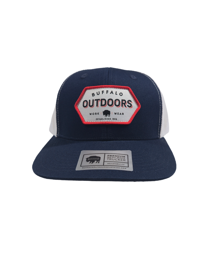 Buffalo Outdoors® Workwear Retro Patch Trucker Hat - Navy/White - Front
