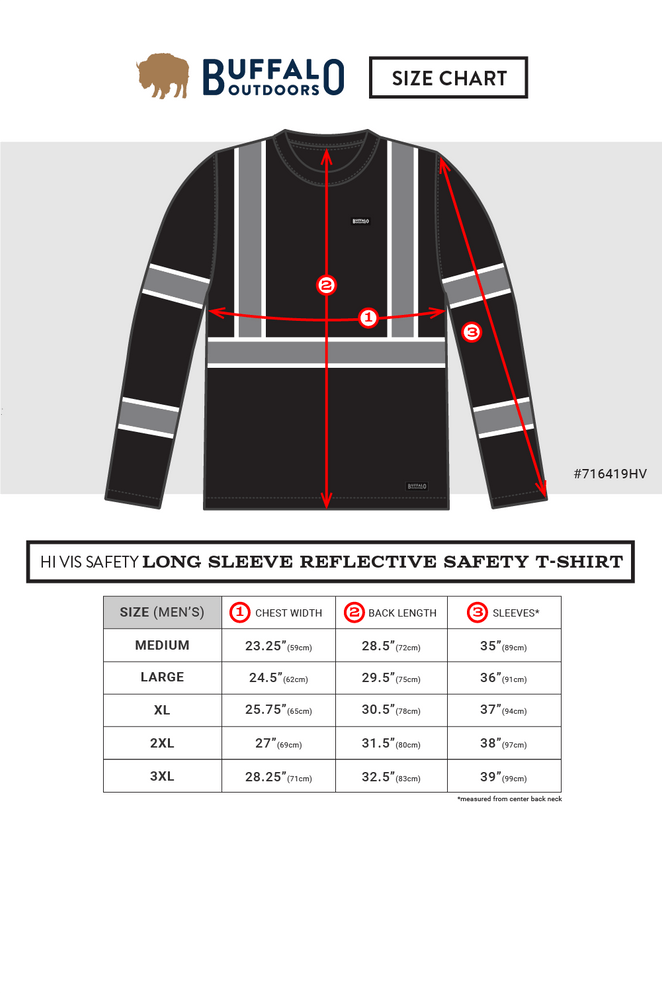 Buffalo Outdoors® Workwear  Black Reflective Long Sleeve Safety T-Shirt - Size Guide