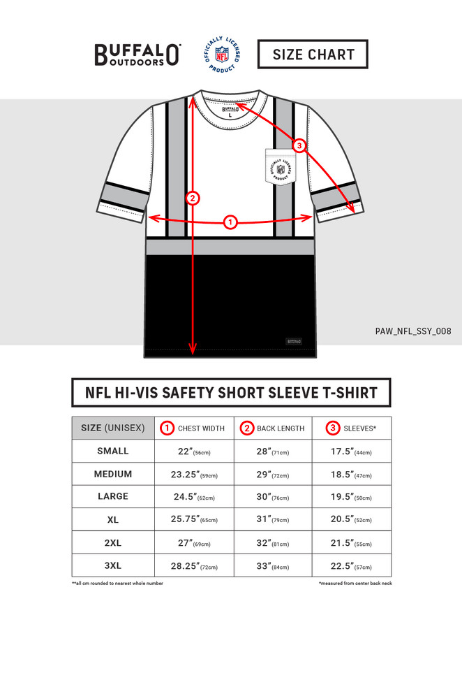 NFL Hi-Vis Reflective Logo Tape Pocket T-Shirt - Size Chart