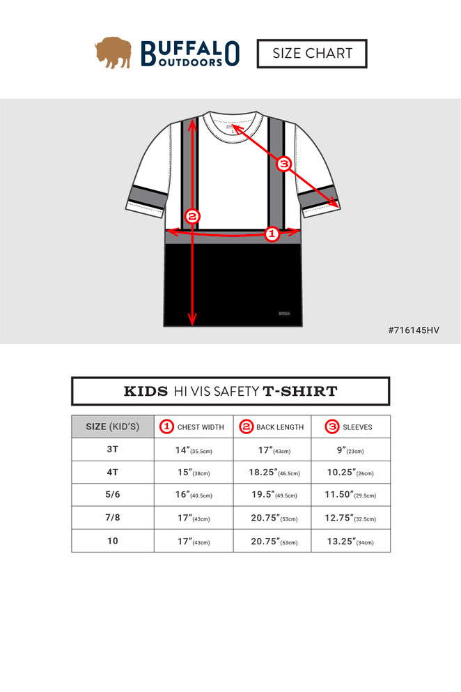 Buffalo Outdoors® Workwear Kids Hi Vis Helper T-Shirt 
Size Chart