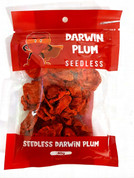 Vibrant seedless red salty plum packet featuring a bold logo, eye-catching text, and a mouthwatering image of juicy, pit-free plums, highlighting their unique flavor and convenience. Darwin Red Seedless Plum 40g