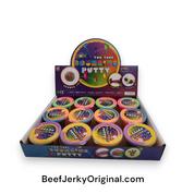 A vibrant display box filled with two-tone bouncing putty containers.