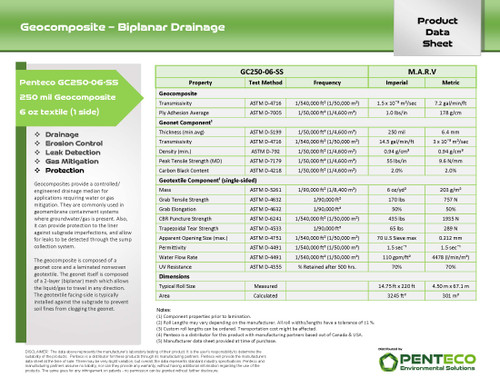 Penteco GC250-06-SS - 250 mil Geocomposite with 6 oz. Singled-sided - Technical Data Sheet