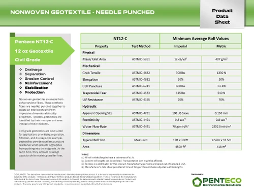 Penteco NT12-C - Nonwoven Geotextile Civil - Technical Data Sheet