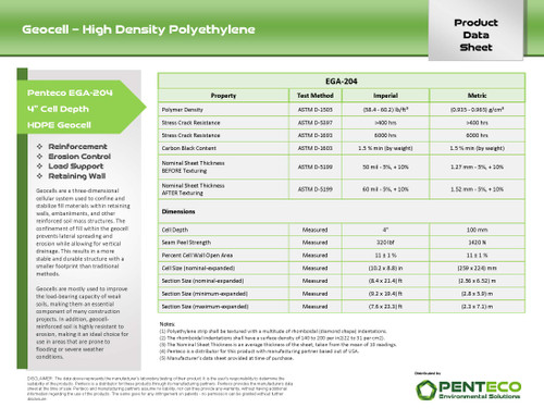 Penteco EGA 204 - 4 inch Depth Geocell - Technical Data Sheet