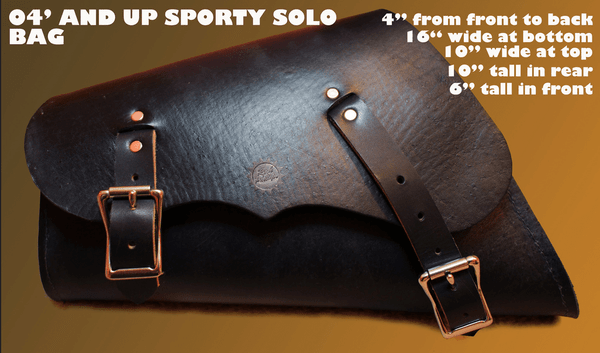 Leather Sportster Saddle Bag with dimensions listed on the photo