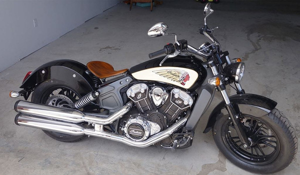 Example of our Shop Indian Scout with the Mounting Kit and similar tractor seat - this image will not be the items received only added for reference of what the bike will look like after installation