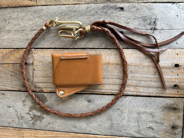 Handmade Leather Origami Biker Wallet with Braided Leather Lanyard (Tan)